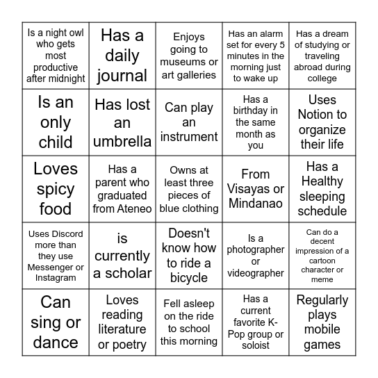 Normal Human Bingo Card