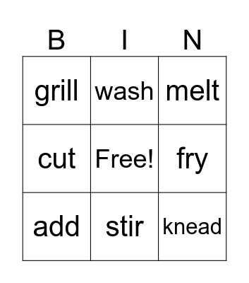 cooking bingo Card