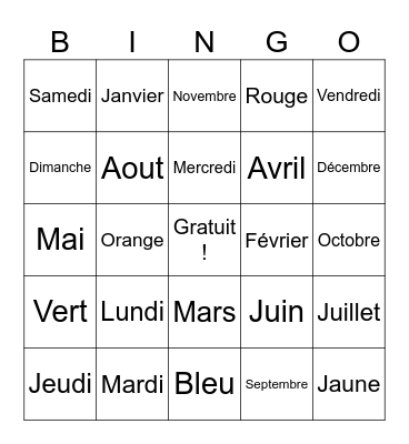 Mois / Jour / Couleur Bingo Card