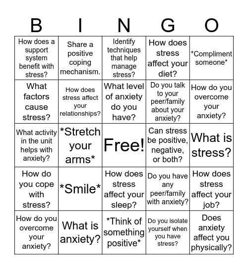 Stress & Anxiety Bingo Card