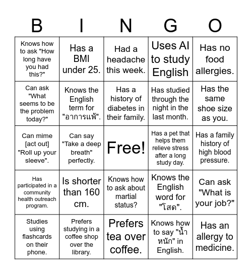 Mingle Bingo Practitionen Nurse English Bingo Card