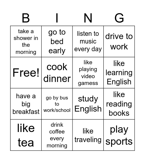 routine Bingo Card