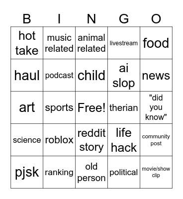yt shorts bingo Card