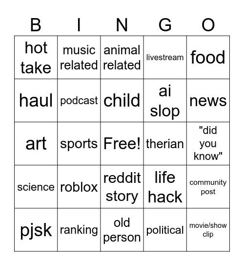 yt shorts bingo Card