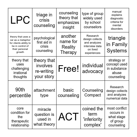 Counseling Bingo Card