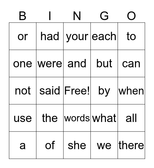 Sight Word Bingo Card