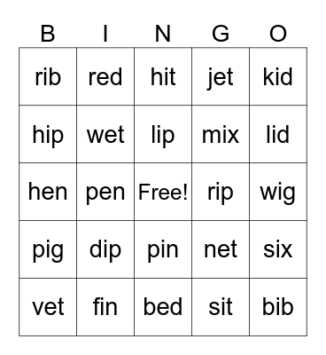 Short Vowel i Bingo Card