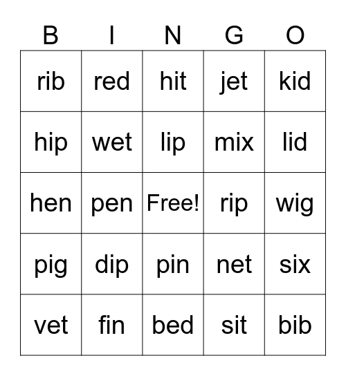 Short Vowel i Bingo Card