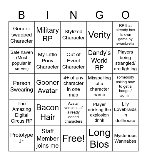 Poppy Playtime RP World Bingo Card