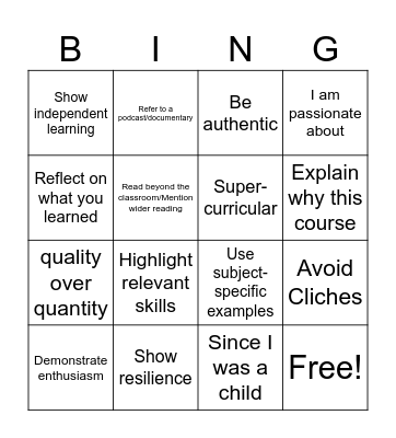 Personal Statement Bingo Card