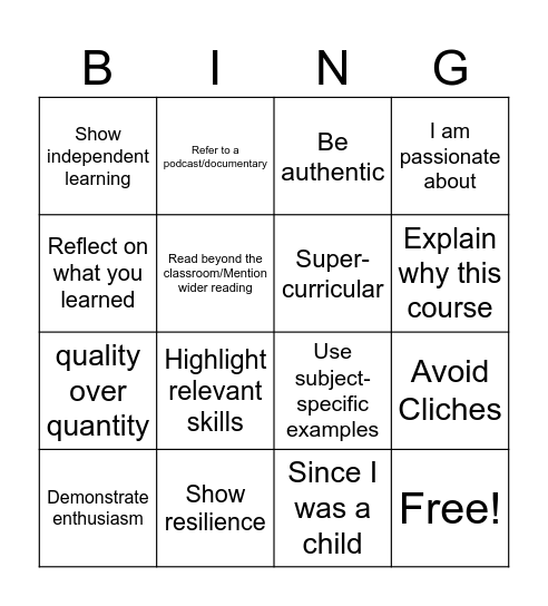 Personal Statement Bingo Card