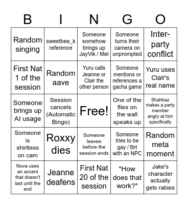 Session Bingo Card