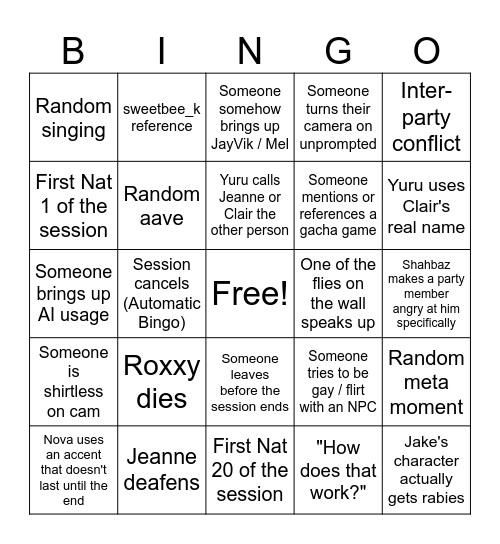 Session Bingo Card