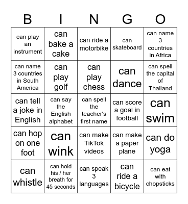 Can / Could Bingo Card