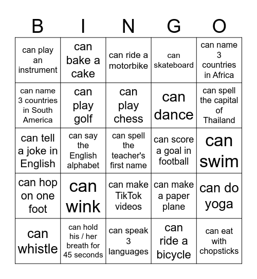 Can / Could Bingo Card