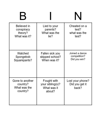 Have you ever.....? Bingo Card