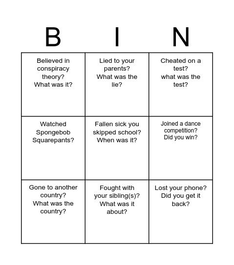 Have you ever.....? Bingo Card