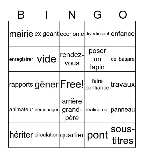 Vocabulaire (Ch 1, 2 3 & 6) Bingo Card