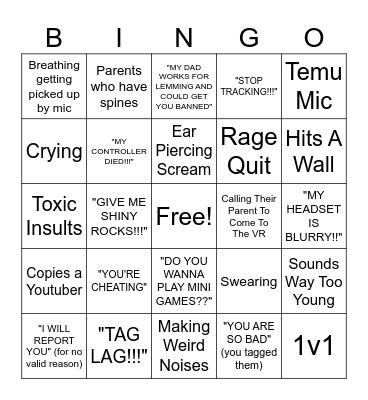 Gorilla Tag Kids Bingo Card