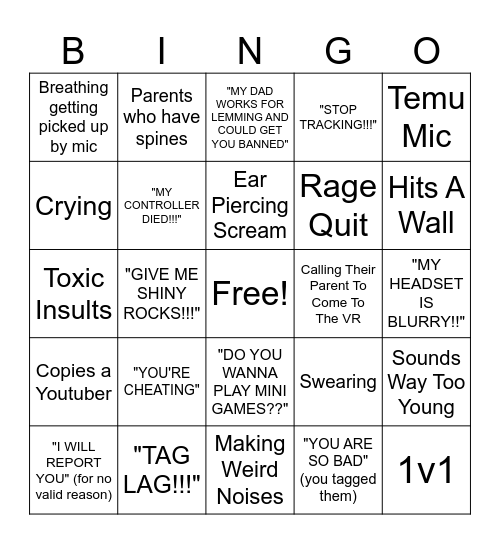 Gorilla Tag Kids Bingo Card