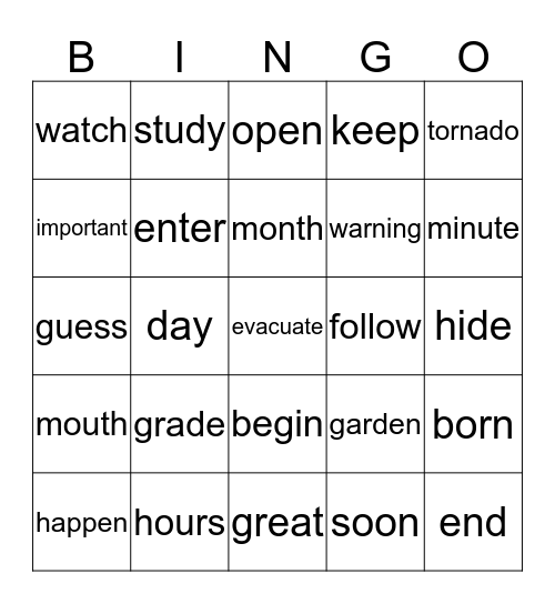 Weeks 19 - 39 Vocabulary Bingo Card