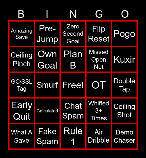 Rocket League Bingo Card