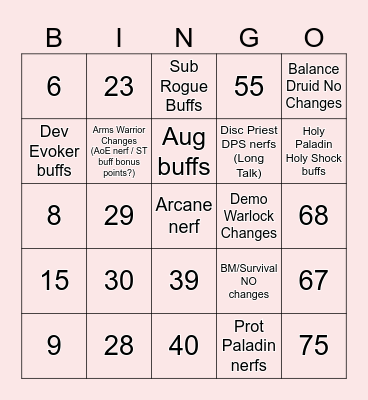 Class Changes Bingo (14th-17th of July) Bingo Card