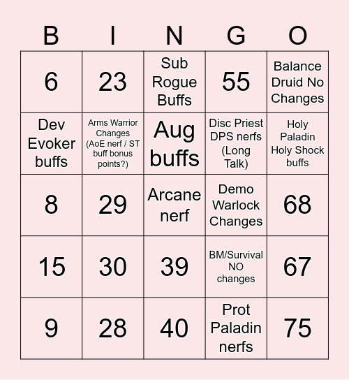 Class Changes Bingo (14th-17th of July) Bingo Card