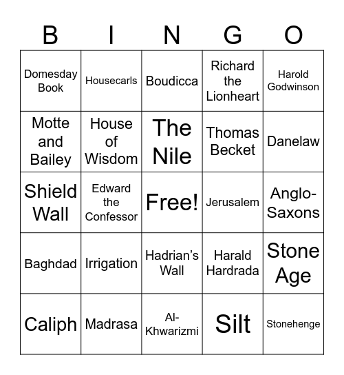 Year 7 History Bingo Card