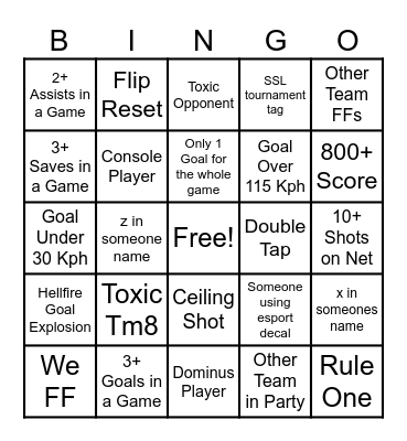 Rocket League Bingo Card