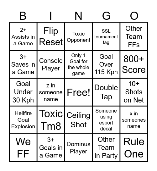Rocket League Bingo Card