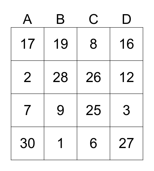 Le Bingo des Nombres Bingo Card