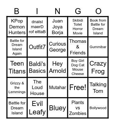 Cartoons, Persons, Marks, Species, Songs, Video Games and Characters edited Bingo Card