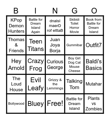 Cartoons, Persons, Marks, Species, Songs, Video Games and Characters edited Bingo Card