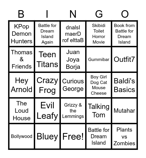 Cartoons, Persons, Marks, Species, Songs, Video Games and Characters edited Bingo Card