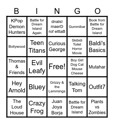 Cartoons, Persons, Marks, Species, Songs, Video Games and Characters edited Bingo Card