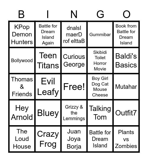 Cartoons, Persons, Marks, Species, Songs, Video Games and Characters edited Bingo Card