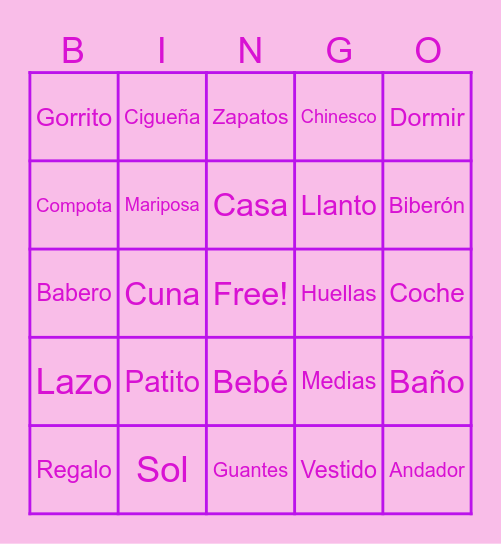 Baby shower Bingo Card