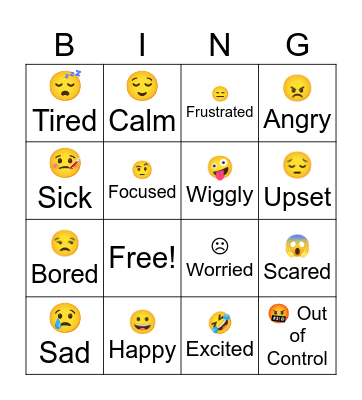 Zones of Regulation Bingo Card