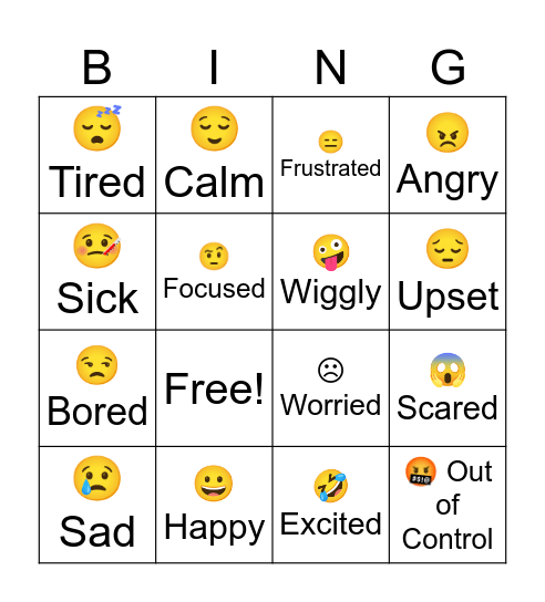 Zones of Regulation Bingo Card