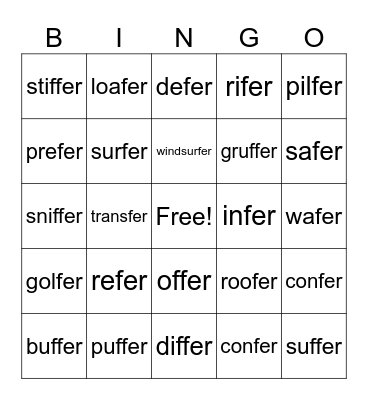 words ending in 'fer' Bingo Card