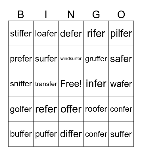 words ending in 'fer' Bingo Card