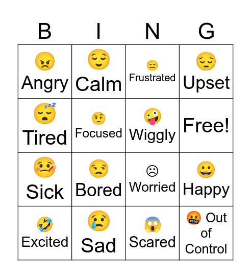 Zones of Regulation Bingo Card