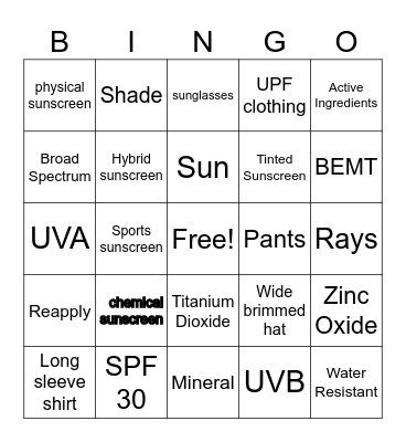 Sun Protection Bingo Card