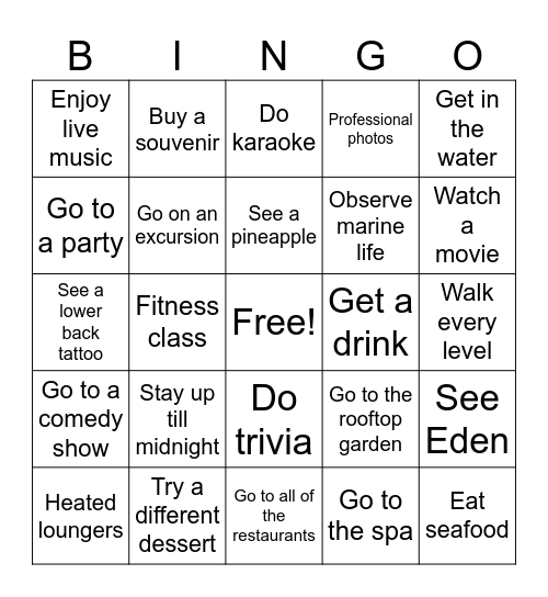 Cruise ship Bingo Card