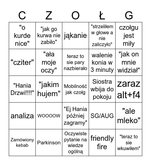 Czołgu Bingo Card