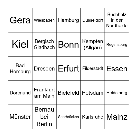 Städtebingo Card