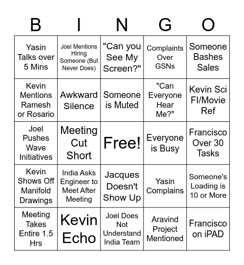 Weekly Engineering Meeting Bingo Card