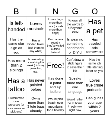 Paint & Sip Bingo Card