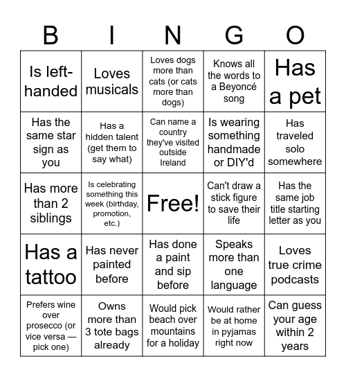 Paint & Sip Bingo Card